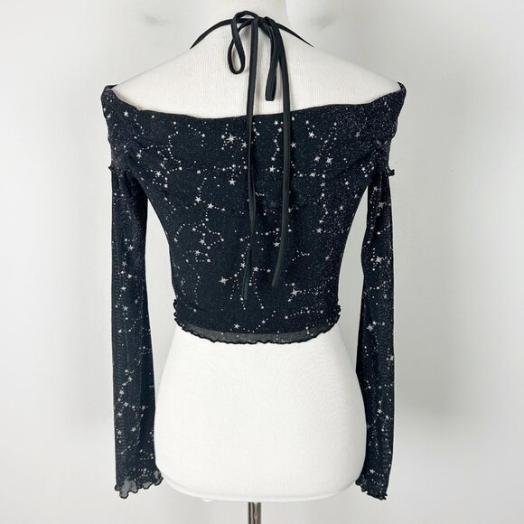 Women’s Black Cropped Top Mesh Celestial Whimsigoth Long Sleeve Size Medium Wome - Picture 3 of 4